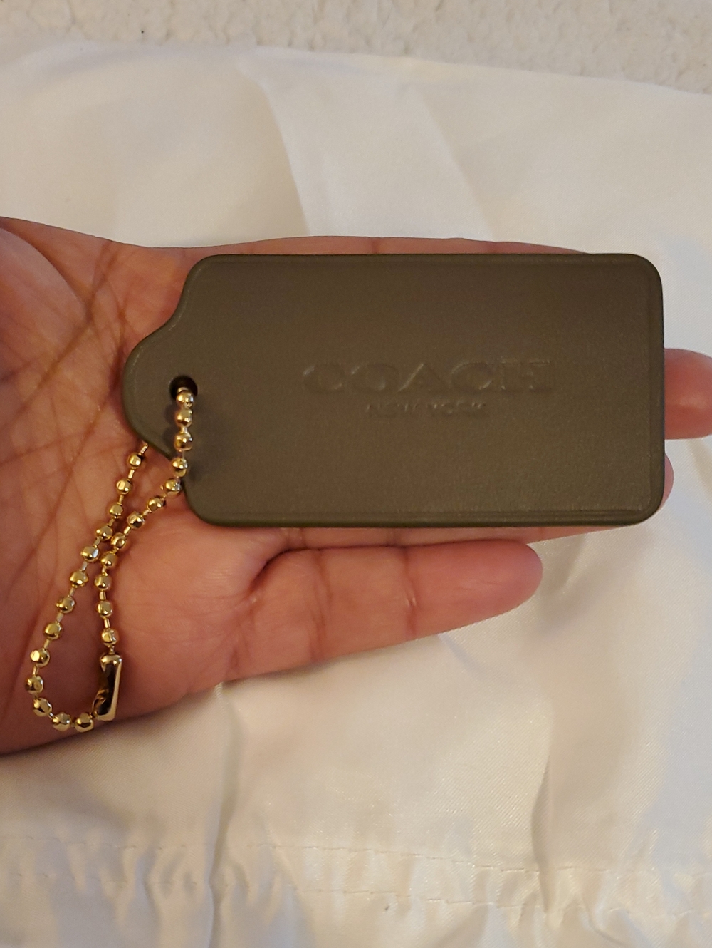 NWOT COACH Surplus Green Leather Hang Tag with Gold Ball Chain